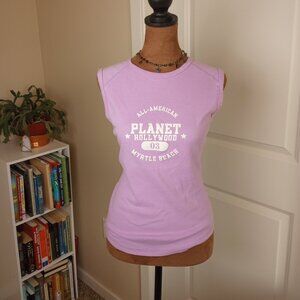 True Vintage Collectible Y2K Purple Planet Hollywood Tank Top with white glitter